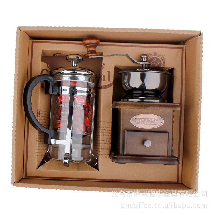 Barista Tools gift box Wood Coffee Bean Grinder and French Press Coffee Maker