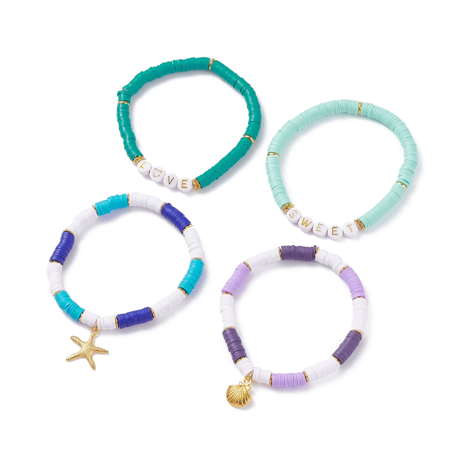 PandaHall 4 Pcs 4 Style Alloy Shell Starfish Charm Word Sweet Love Preppy Bracelet