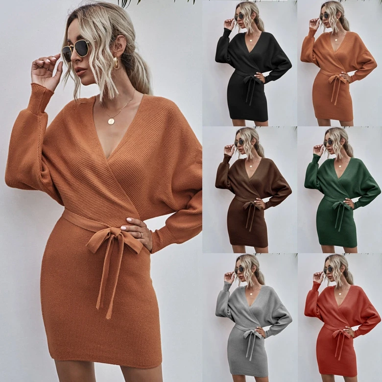 2021 New V-Neck Batwing Sleeve Knitted Dress Women Long Sleeve Solid Color Sexy Sweaters Dress