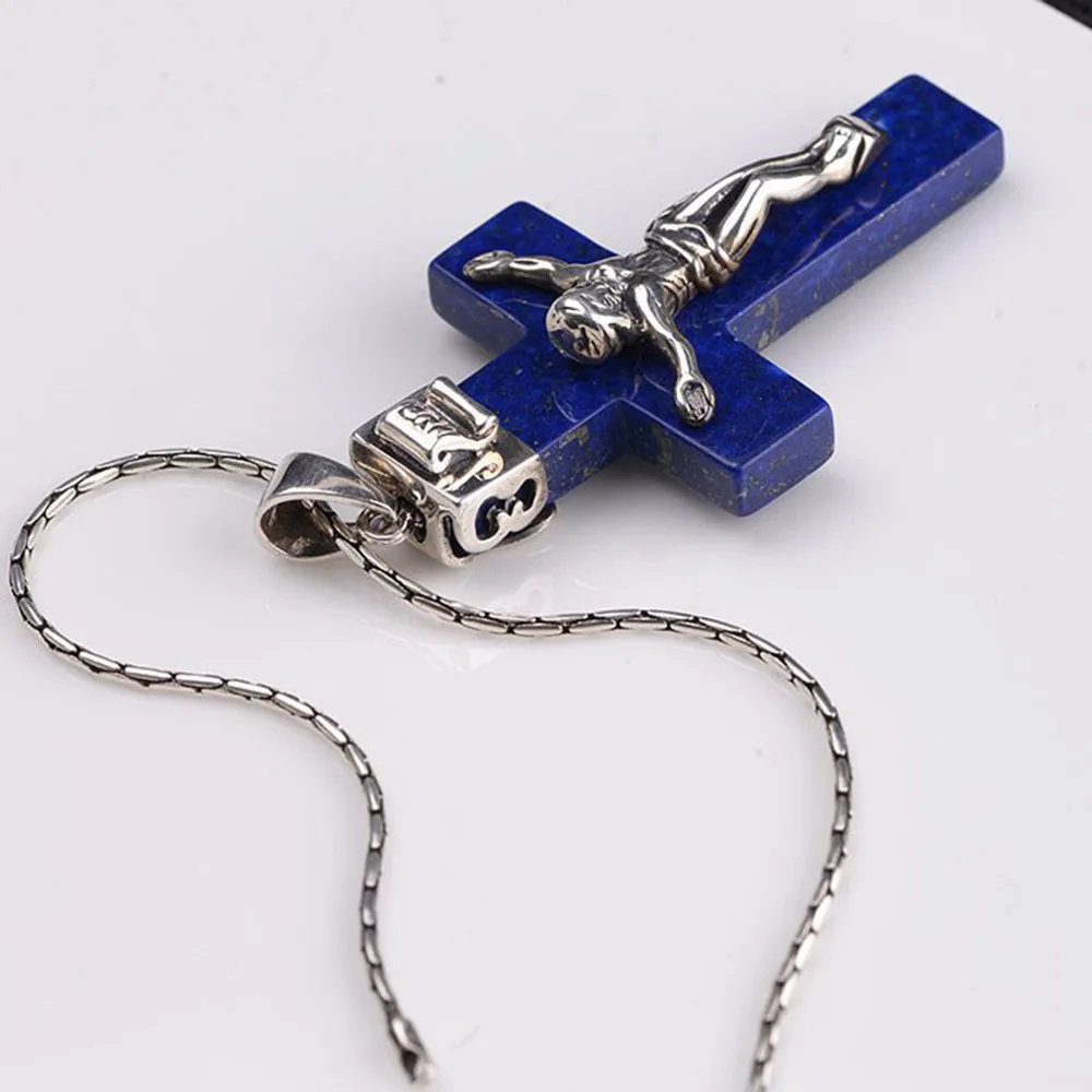 Real Pure 925 Sterling Silver Crucifix Jesus Piece Pendant For Men Women With Natural Lapis Lazuli Stone Antique Holy Jewelry