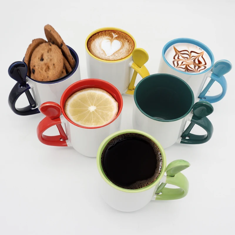 Large coffee cup white 13oz inner color custom sublimation ceramic mug with spoon for promotion gift