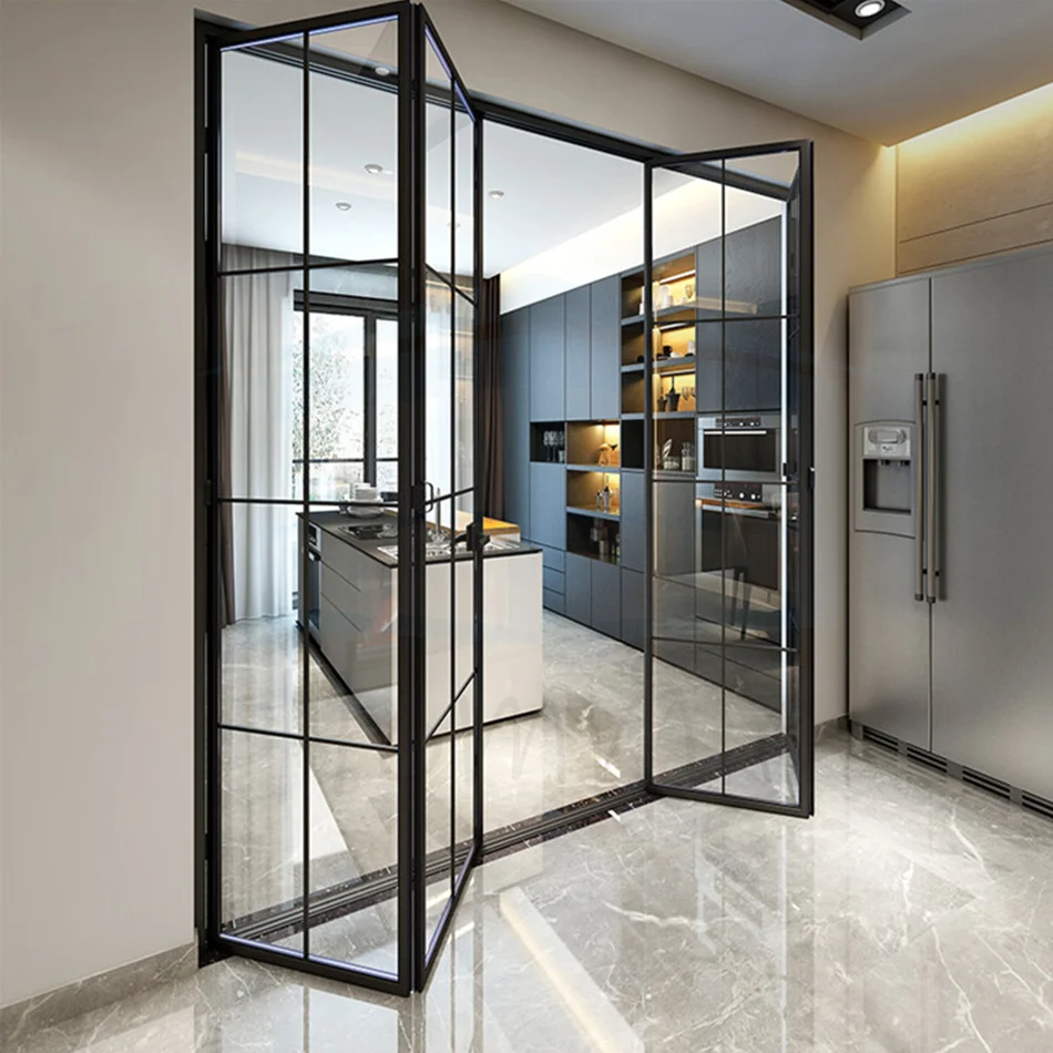 Foshan Factory Make Large Opening Insulated Soundproof Interior Aluminum Glass Bi Folding Narrow Bi Fold Doors