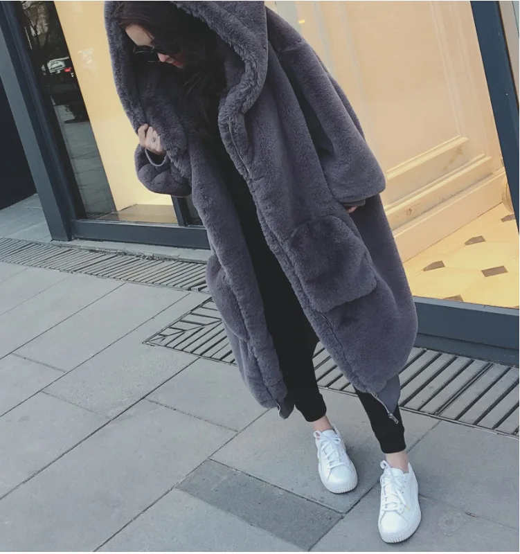 2022 New Arrival  Fashion Faux rabbit fur Long Over Sized Style Women hooded Coat