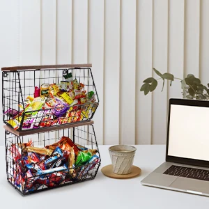 Fruit Basket Onion Storage Wire Baskets with Wood Lid Stackable Wall-mounted Countertop Tiered Kitchen Counter Organizer