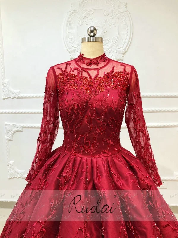Ruolai OEV-L4013 Luxury Muslim Arabic Long Sleeves Beaded Crystal Engagement Dress Ball Gowns wedding dresses turkey istanbul