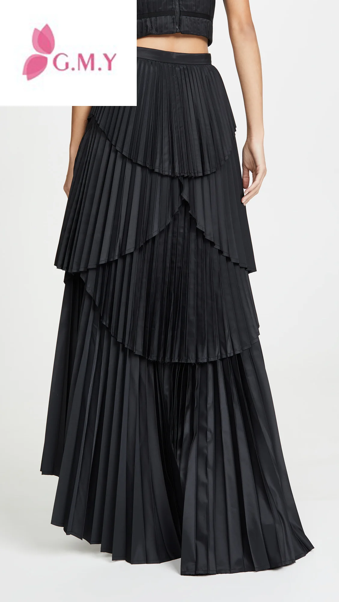 2020 Women Spring Casual Pattern Unique Design Black Accordion Pleats High Low Hem Side Hidden Zip Maxi Skirt