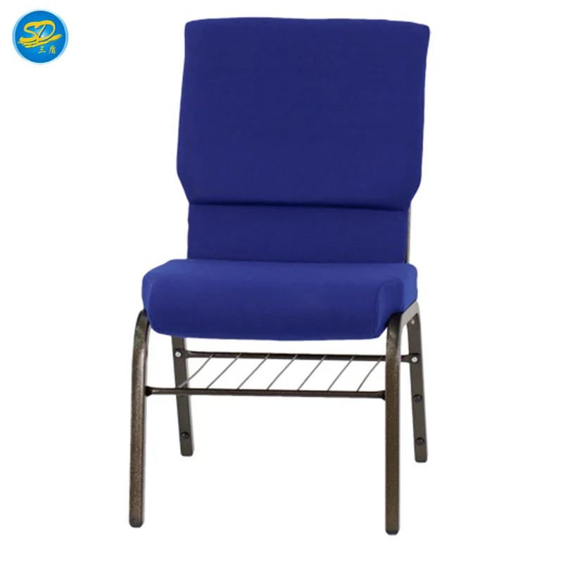 Wholesale cheap stackable metal church chair with bookshelf and back pocket design