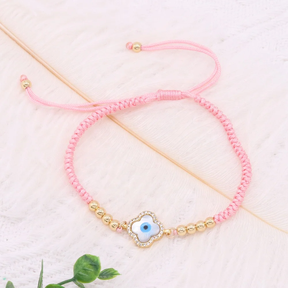 Blue eye 18k gold plated shell connector bracelet jewelry with pink adjustable rope
