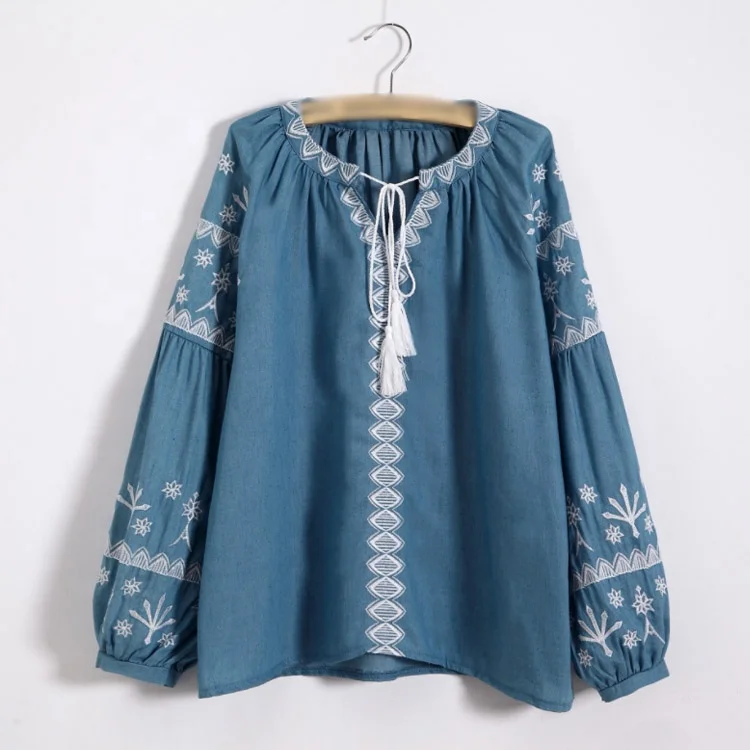 Ladies Cotton Embroidery Flower Bohemian Tops Shirt Blouses