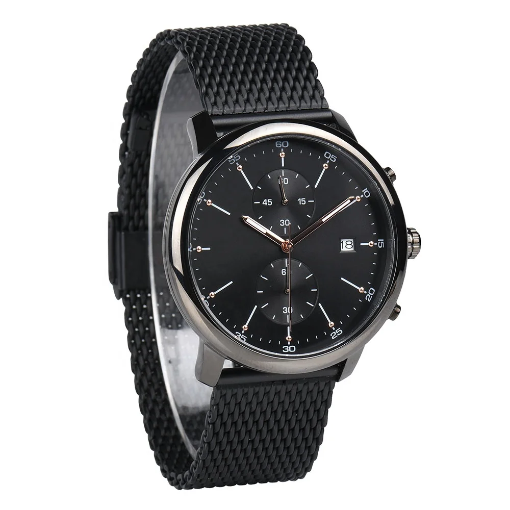 Customized steel mesh band waterproof watch black metal case wristband water resistant 5ATM watches