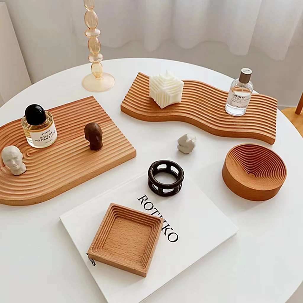 Custom Rainbow Nordic Water Ripple Beech Bamboo Wooden Coffee Tea Bread Food Dinner Accent Decorative Boards Serving Trays