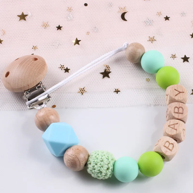 Factory Direct Sale BPA Free Baby Silicone Wooden Bead Dummy Pacifier Chain Pacifier Clips Chain