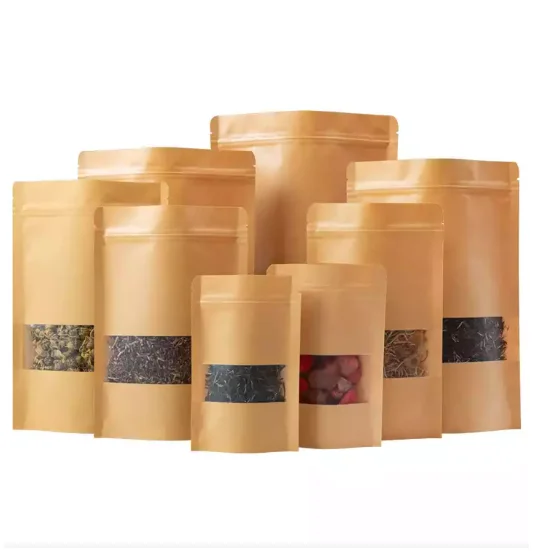 Kraft Paper Sachet Stand Up Pouch Kraft Paper Bag With Window, Sachet Kraft Stand Up Paper Pouch