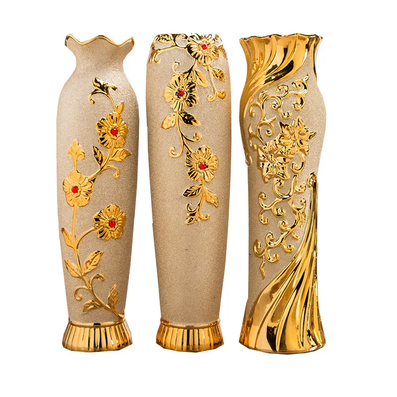 60cm tall luxury floor ceramic carved flower vase metal gold trim embossed chinese porcelain large vase for home decor