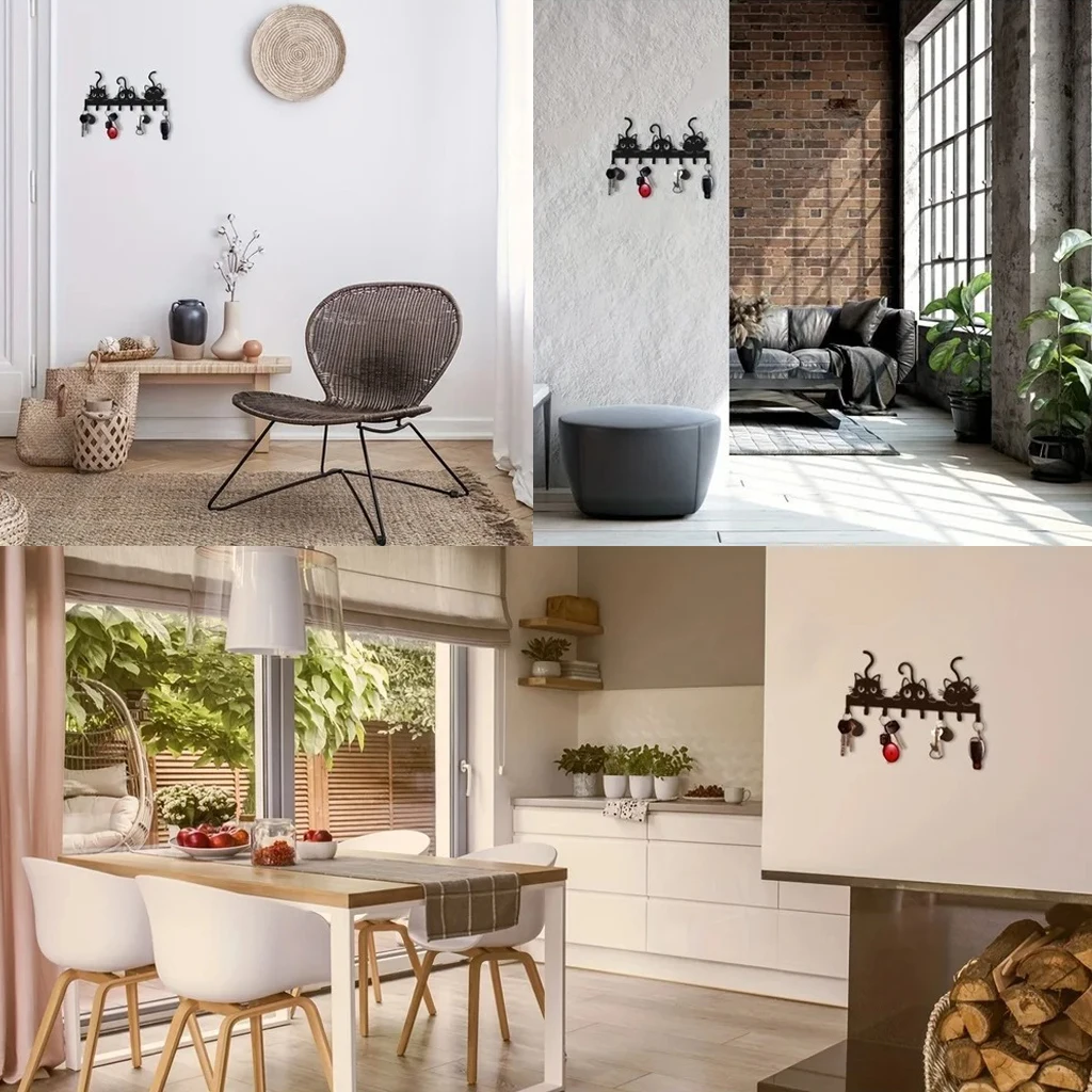 Key Holder for Wall Modern Style Hanger Wall Mount and Adhesive Sticky Animal Cat Hook for Home Entryway Metal Iron Matt Black