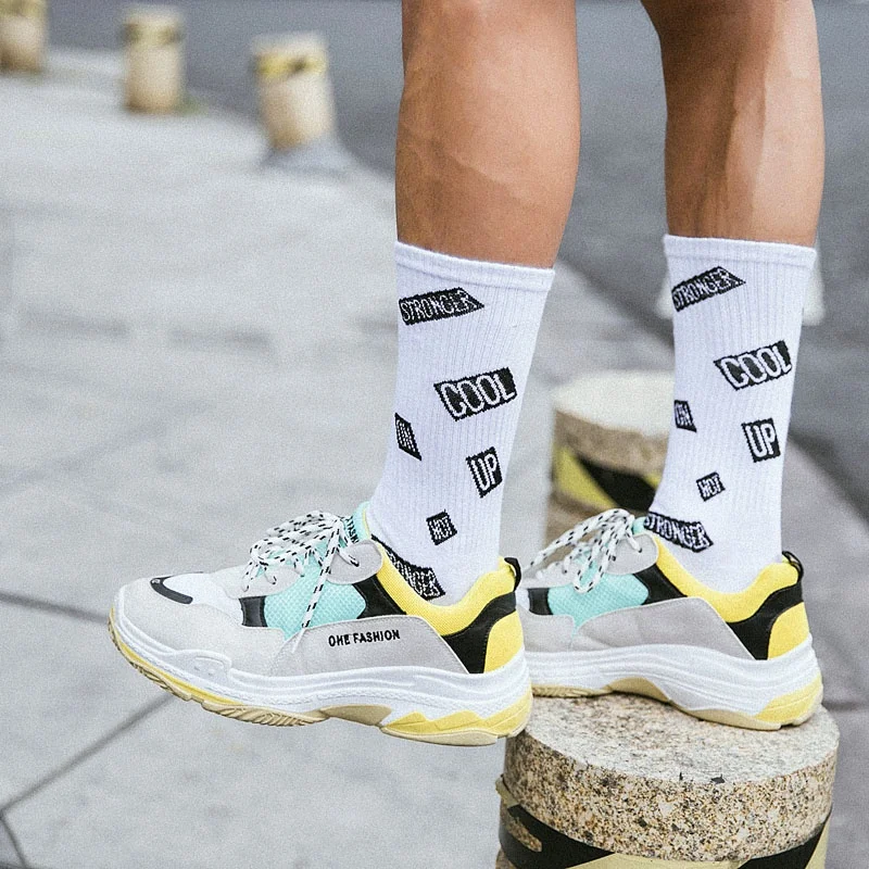 No Moq  custom logo White Men wholesale hot sales 100% Cotton printed Funny Happy Fashion Street colorful popular Skater Socks