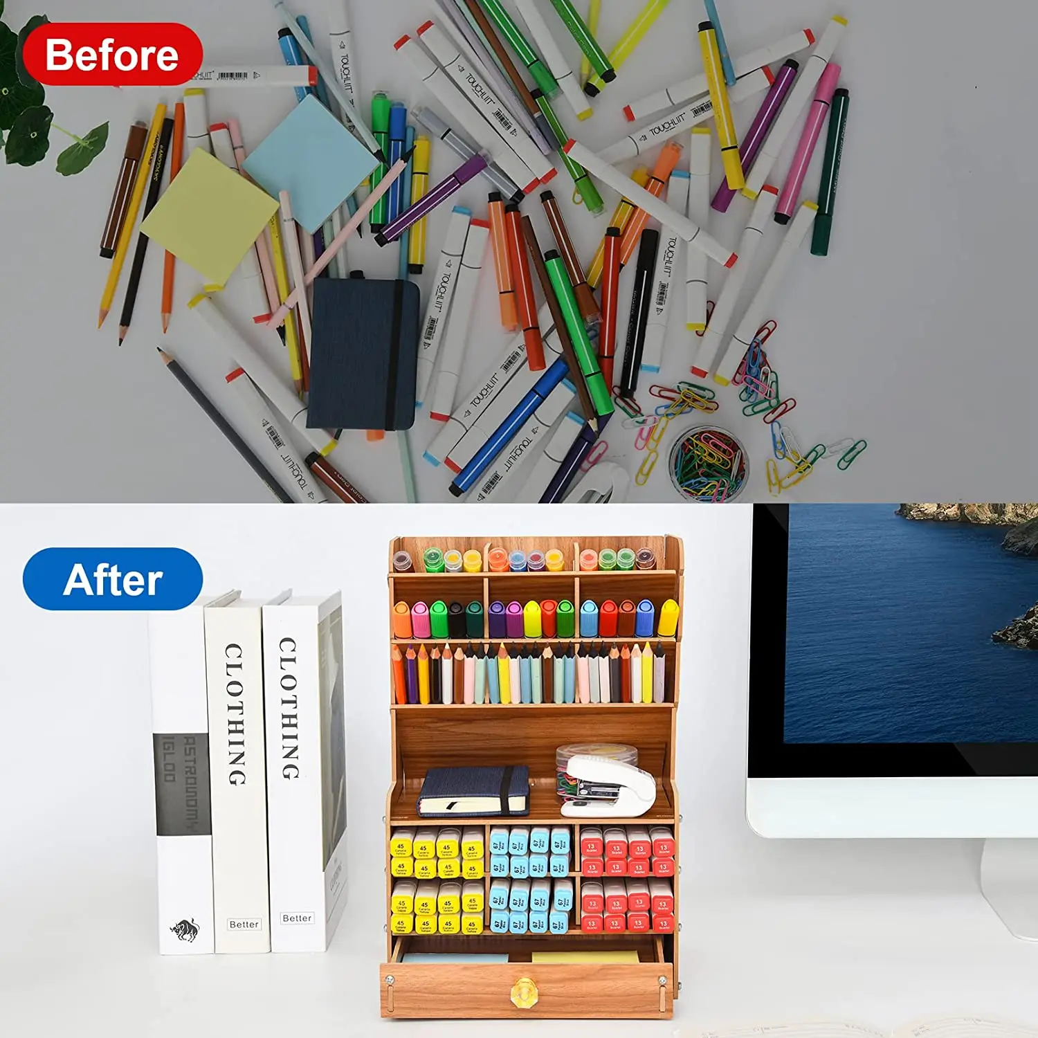 Wooden Pencil Holder, Pen Organizer for Desk with 15 Compartments + Drawer, Desktop Stationary Storage Organizer Caddy