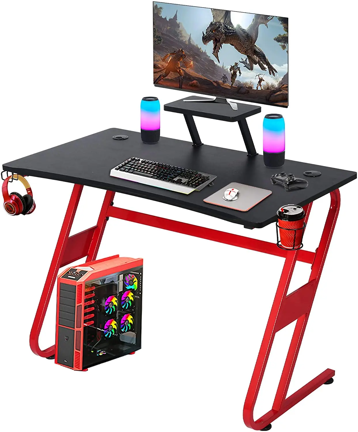 FREE SAMPLE Z Shape Home Office Desk  Large Black Surface PC E-Sports Racing Table with Holder Headphone Hook Monitor Stand