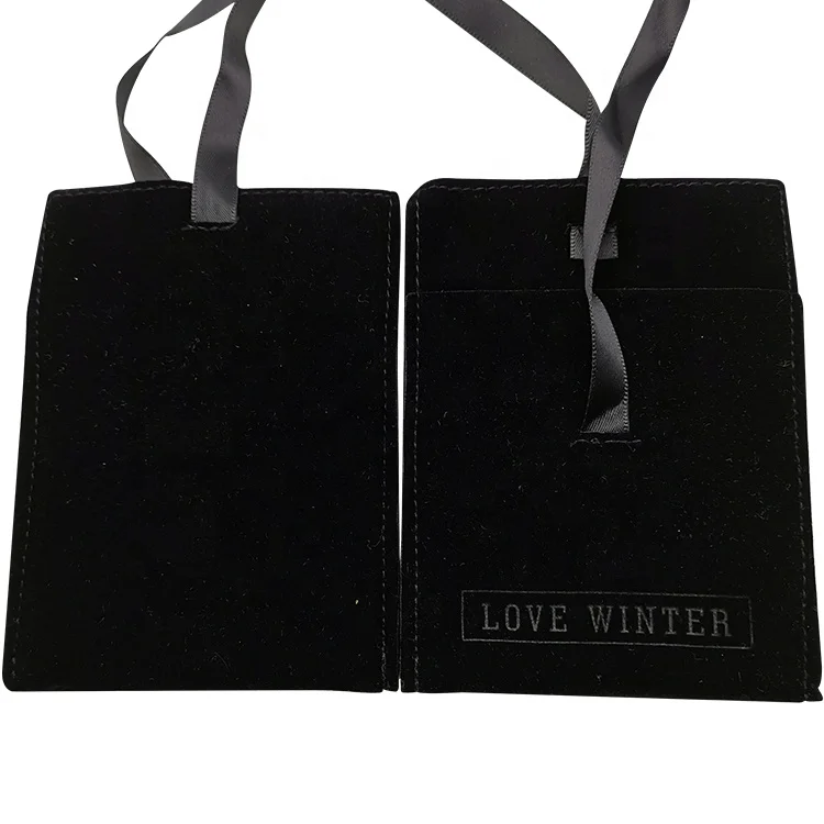 Custom Embossed Logo Small Jewelry Packaging Pouch Black Velvet Bag Suede Jewelry Envelopes Pouch Jewelry Organizer With Bow