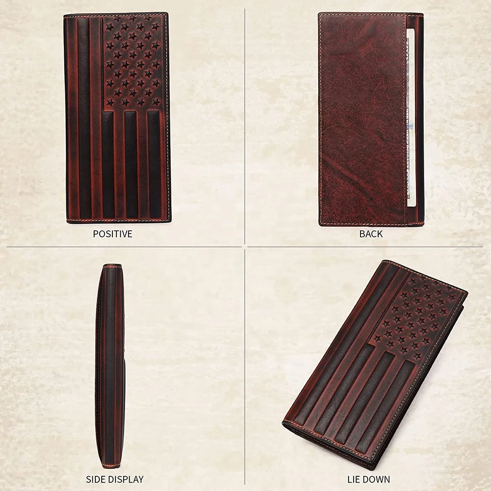 Cowboy Western Leather Wallet for Men US Flag Emboss Long Bifold Tooled Genuine