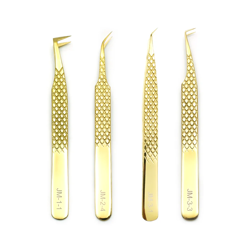 gold eyelash tweezers  fiber tip custom logo tweezer diamond grip  private label box for lash extension stainless steel