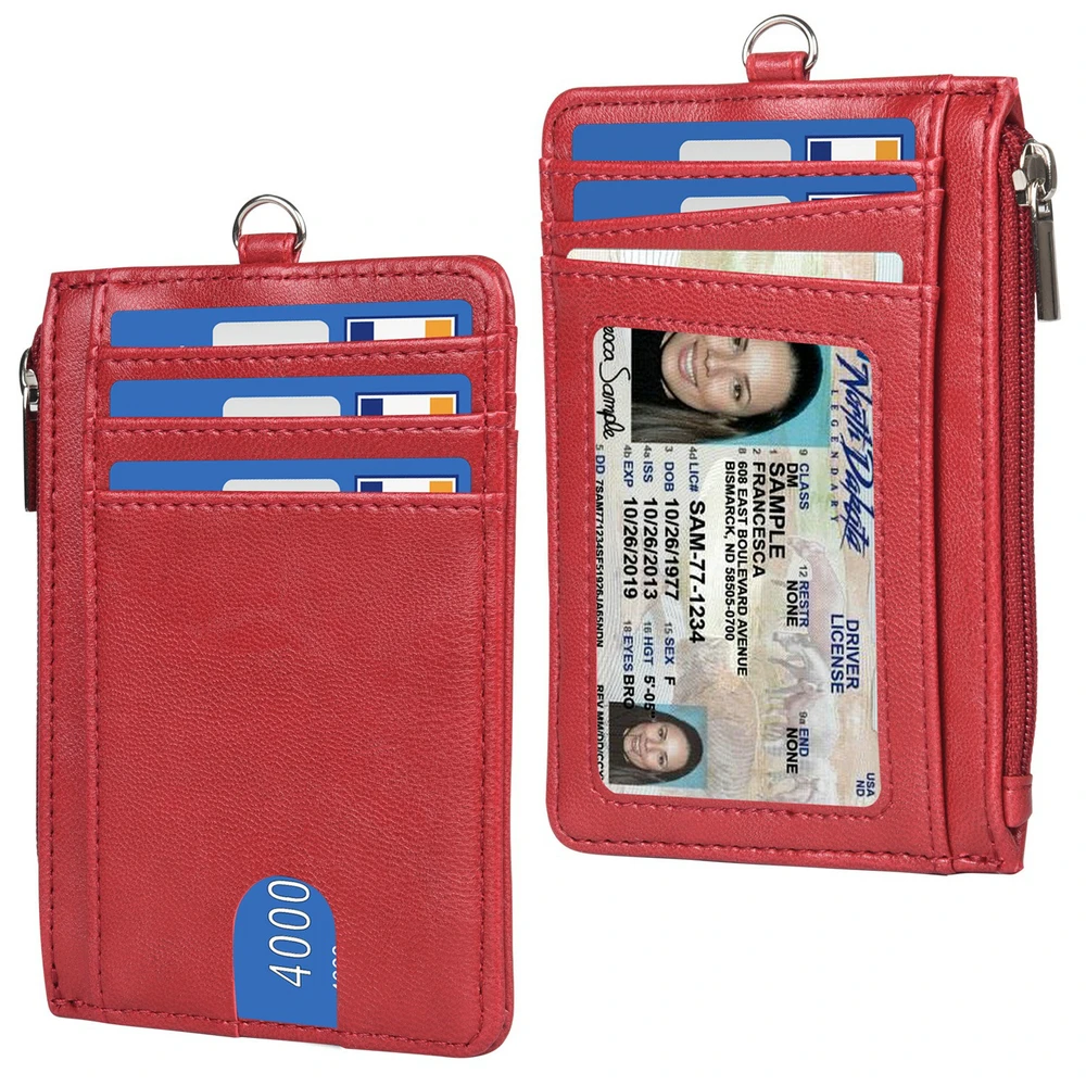 RFID PU Leather Credit Card Case Portable Multi Card Slots Zipper Wallet ID Badge Card Holder With Hand Strap
