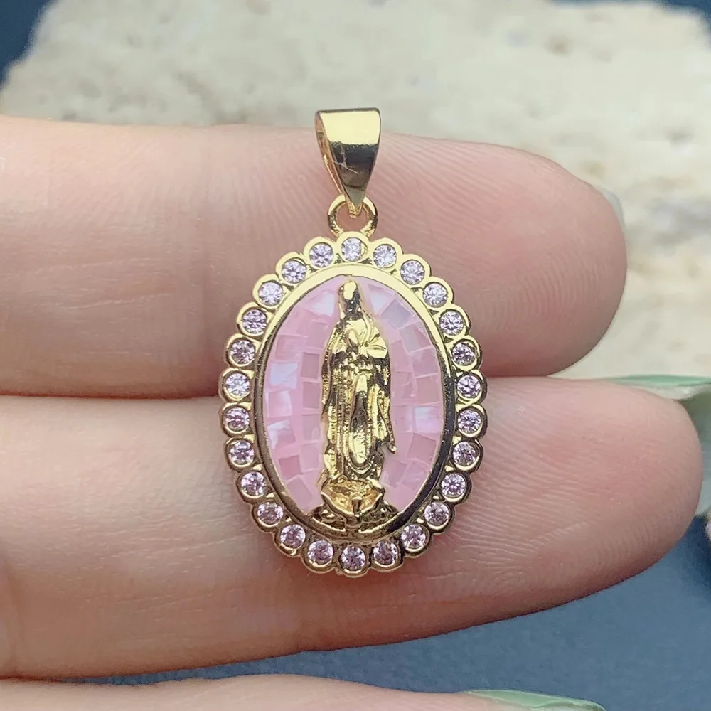 LOTOS Jewelry Oval Medal 14k oro laminado Religion Virgin Pendants Zircon colour Shell Charms Necklace
