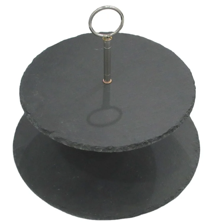 Pure Natural Slate 2 Tier Round Cake Food Serving Tray With High Quality Decoration Stand