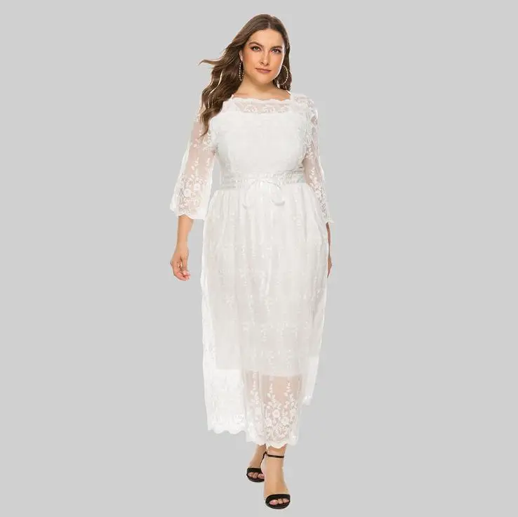 Spring Fashion Long Sleeve Elegant Wedding Plus Size Lace Maxi Dress