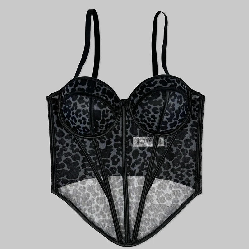 Leopard Print Fabric Corset Top Overbust Fishbone Slimming Corset Mesh See-through Corset Removable Strap