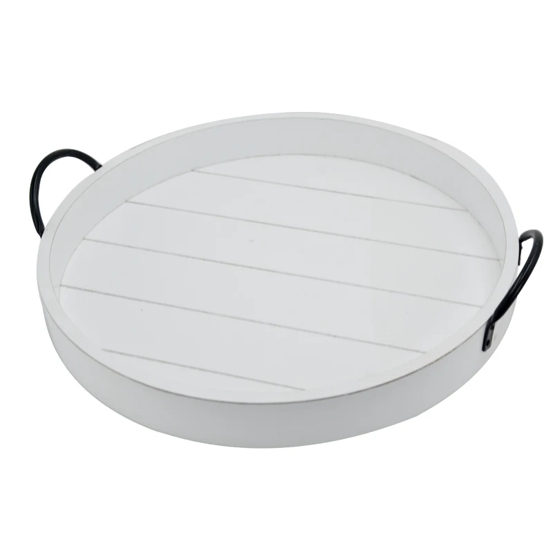 Decorative Dark Classic Mid Century Modern japanese style Round Wood Serving Tray with Metal Handle