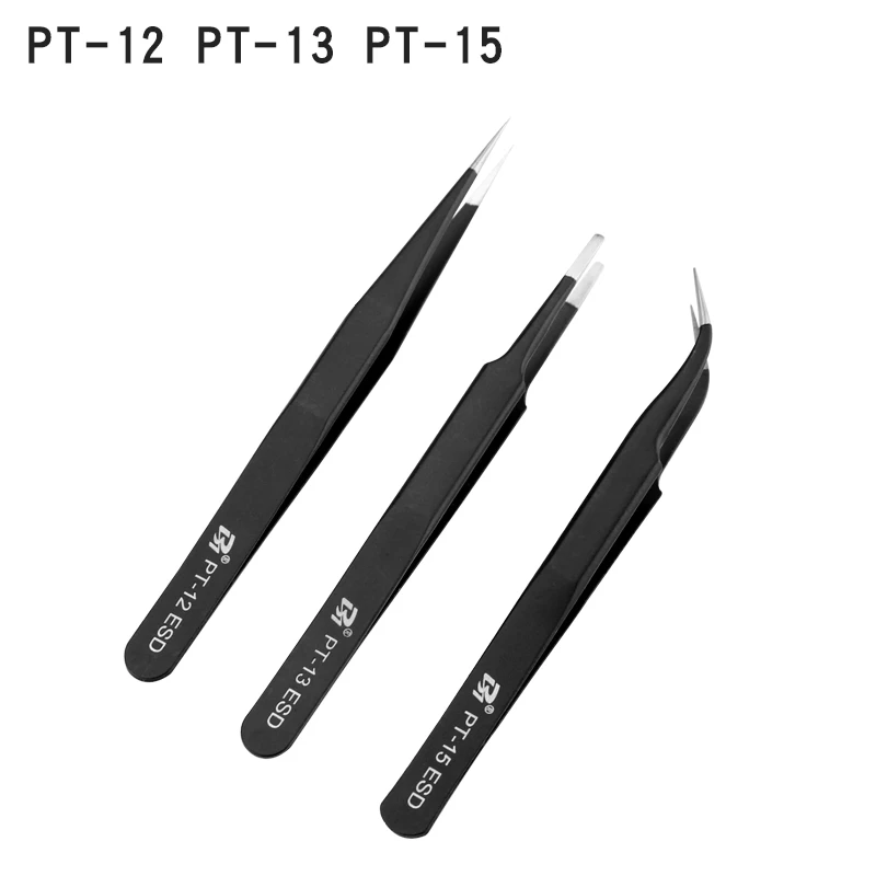 Industrial Grade Black Esd Stainless Steel Antistatic Tweezers For Electronics Pcb And Mobile Phone Maintenance