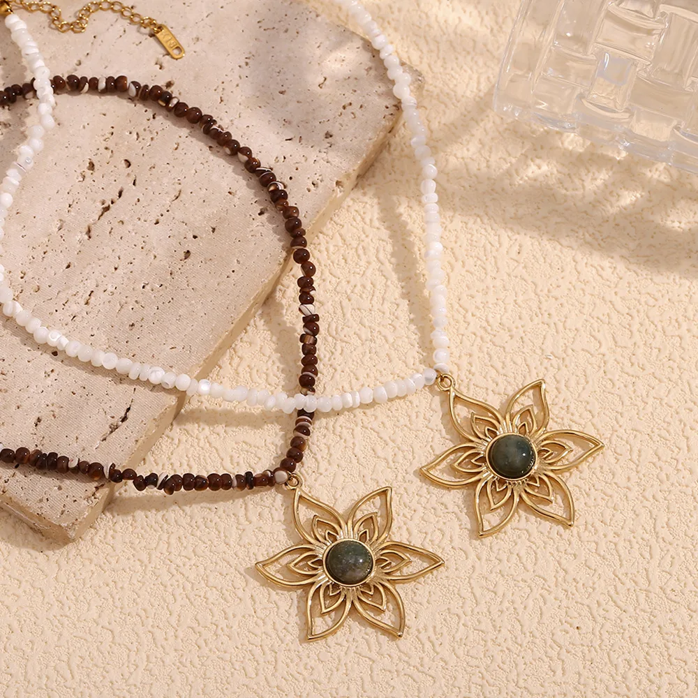 Old Fashion Beaded Natural Stone Necklace 18K Gold Plated Stainless Steel Jewelry  Gemstone Vintage Flower Necklace