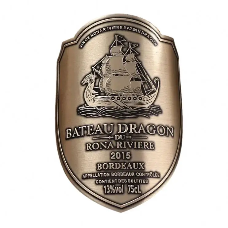 Factory Custom Metal Stickers Red Wine Perfume Bottle Printed Aluminum Labels Embossed Sticker Metal Bottles Label