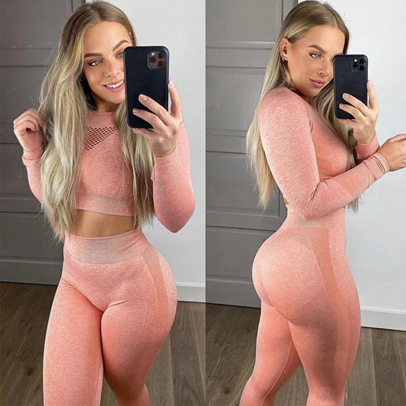Seamless Yoga Long Sleeve Crop Top High Waist Legging Gym Set Sports Bra Biker Shorts Fitness 4 Pieces Set For Women