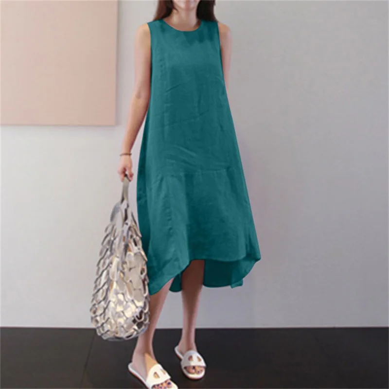 Ladies Solid Color Cotton And Linen Casual Loose Sexy Women Dresses Women Summer Female Clothes Long Dresses