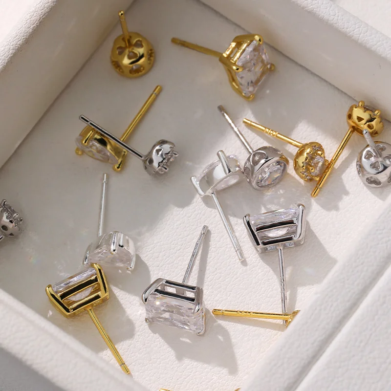 Elegant Trendy 925 Sterling Silver Zircon Diamond Water Drop Round Square Fancy Stud Earrings for Girls Women