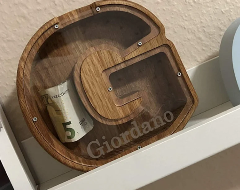 Custom Personalised Wooden Acrylic Funny Alphabet Letter Shaped Piggy Bank Money Saving Storage Box for Kids