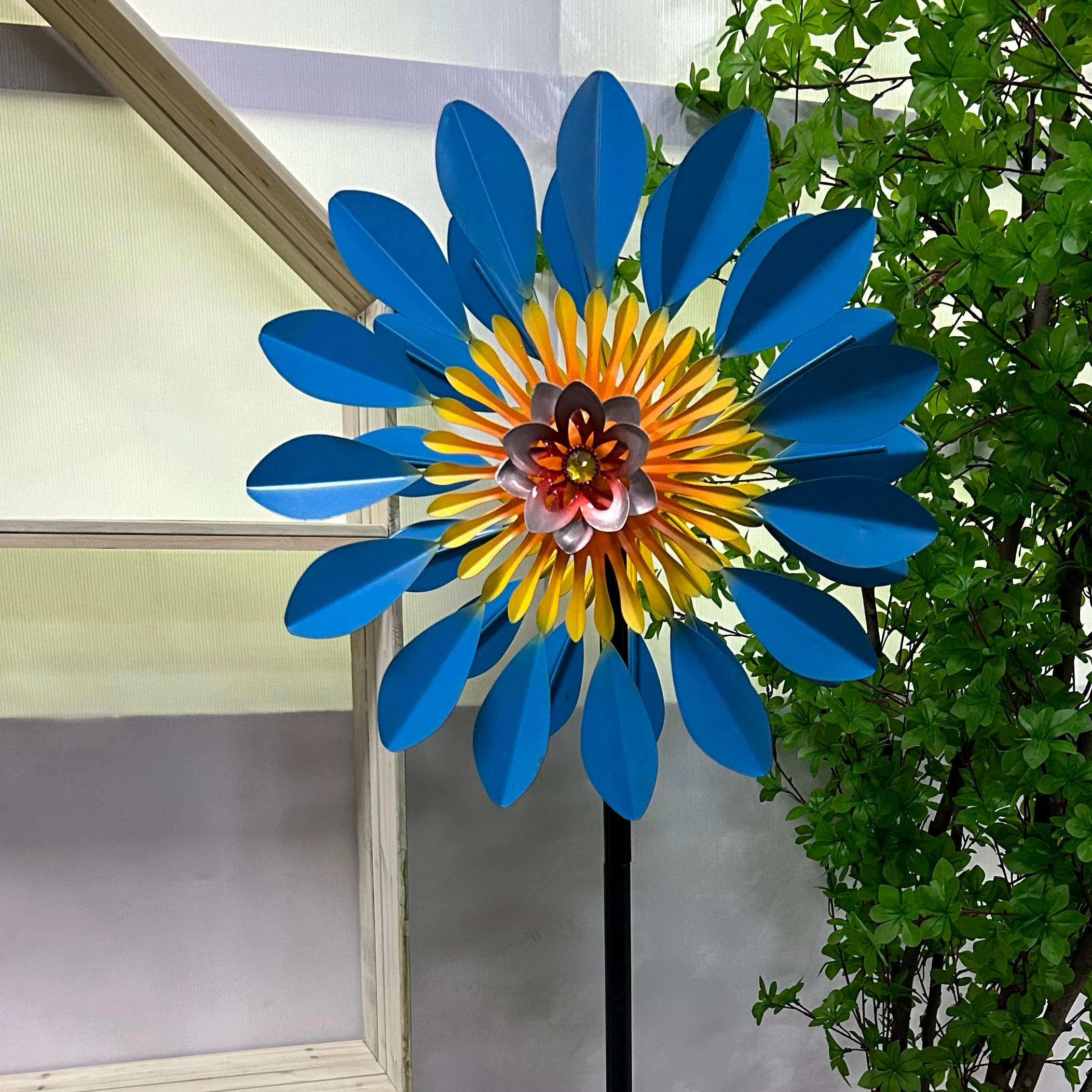 Waterproof Metal Colorful Flower Wind Spinner Stake Decor Garden Double Windmill Stake for Garden Decor