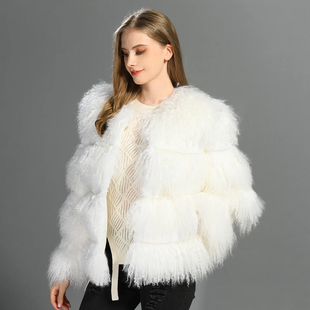 Fashion Women Winter Soft Real Mongolian Fur Coat Custom Logo Rabbit Fur Clothes Thick Warm Wholesale Fluffy White Lamb Fur Coat