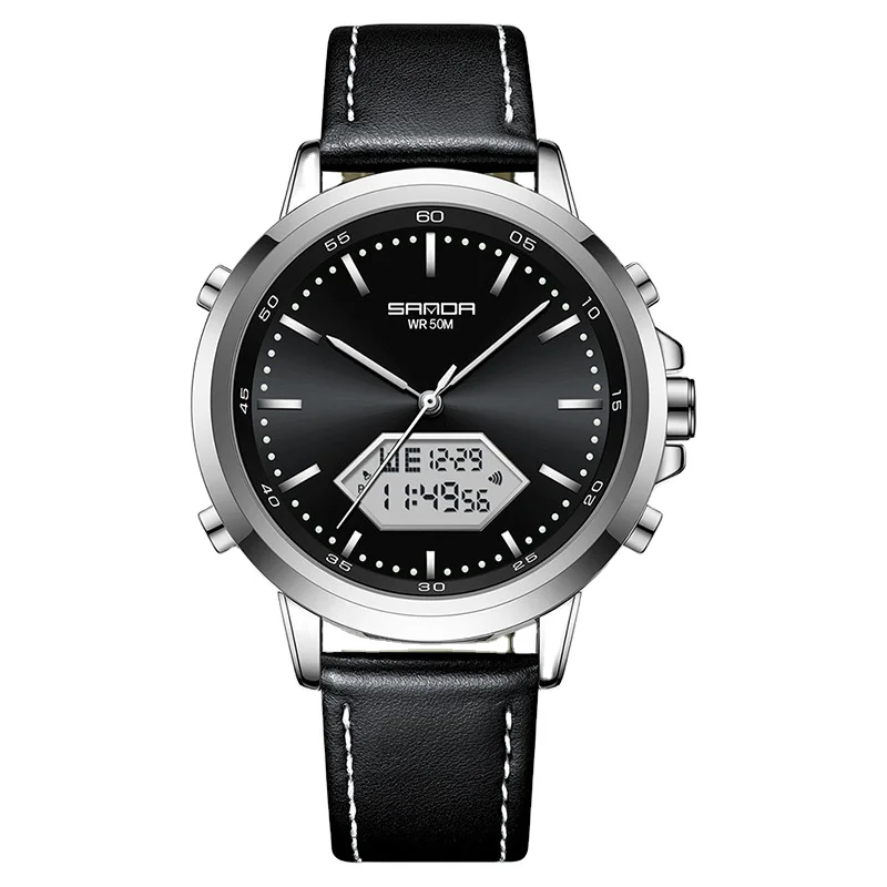 Innovation SANDA Irregular Hexagonal Triple Needle 12/24 Hours Sports Watches Men Wrist Waterproof Digital Trendy Texture