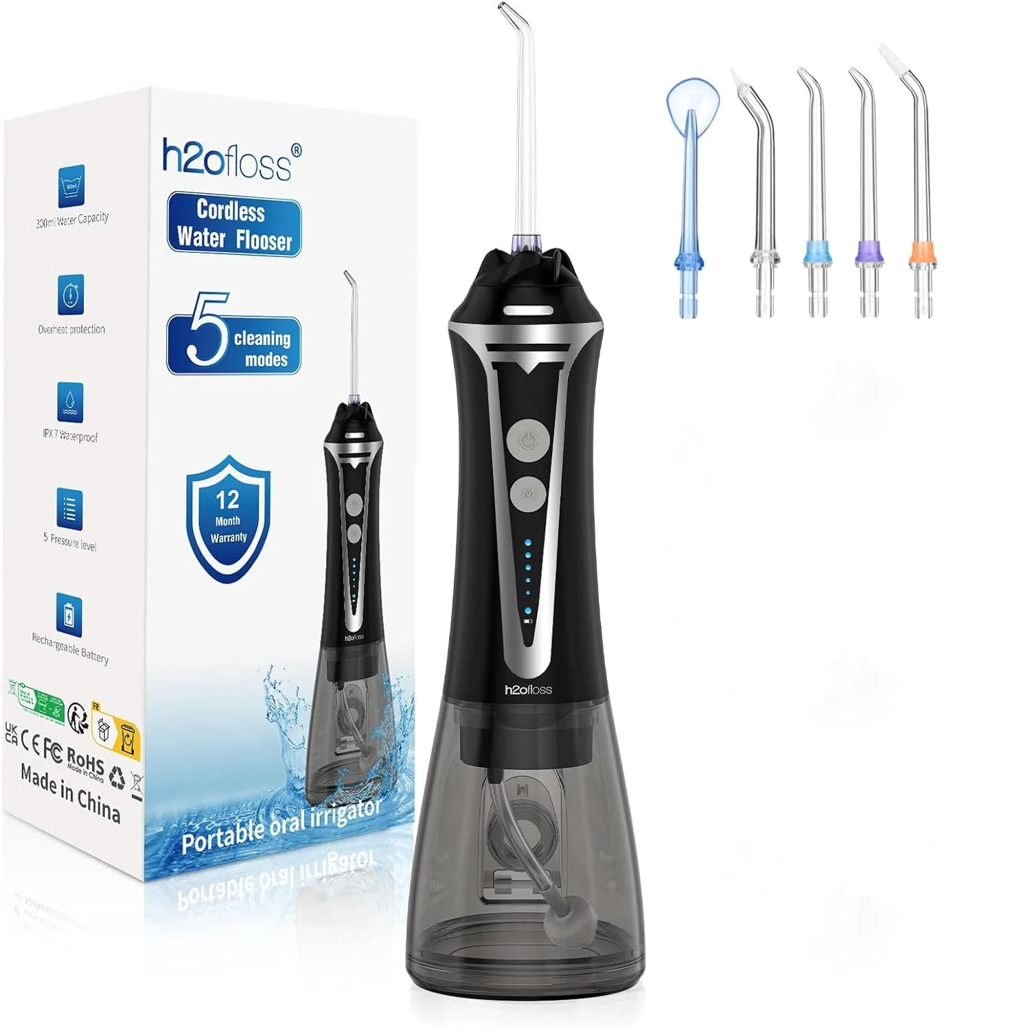 h2ofloss 2500mAh Cordless Dental Oral Irrigator Portable IPX7 Water Flosser with 300ML Teeth Cleaner