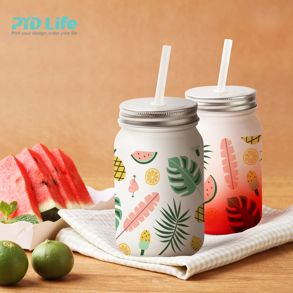 2022 PYD Life Summer 15oz 450 ml Custom Mixed Gradient Colors Sublimation Mason Glass Jar with Lid Straw
