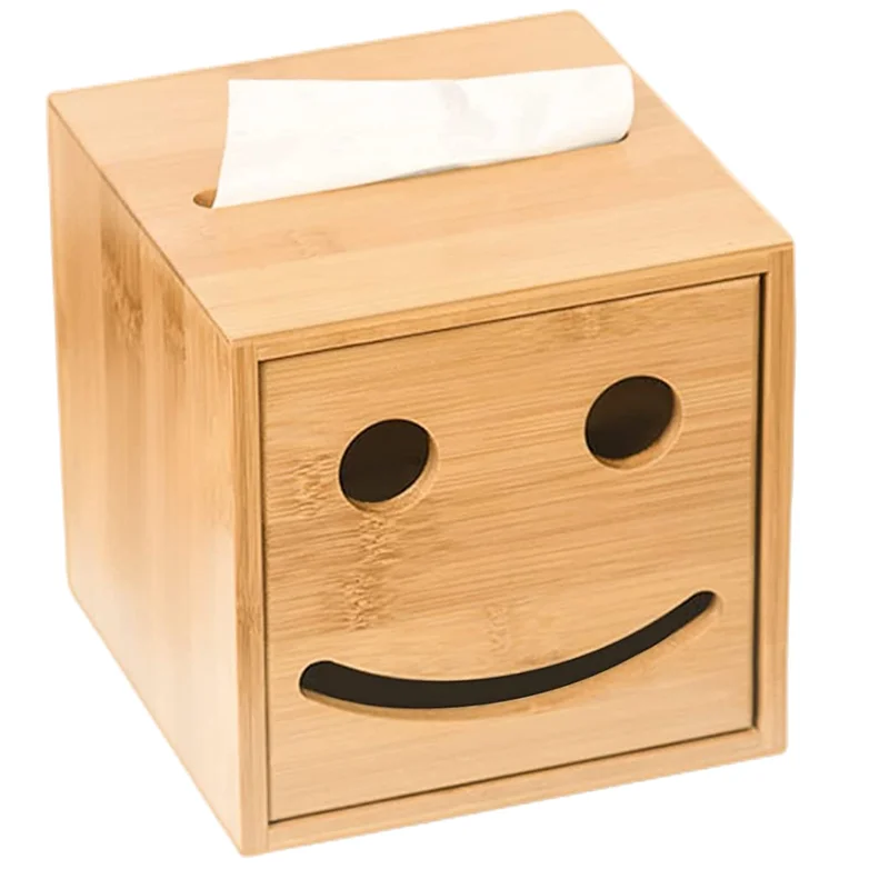 High Quality Nordic Style Tissue Box Smile Face Napkin Holder New Fashion Resin Bamboo Wood Tissue Box Custom For Dining Table