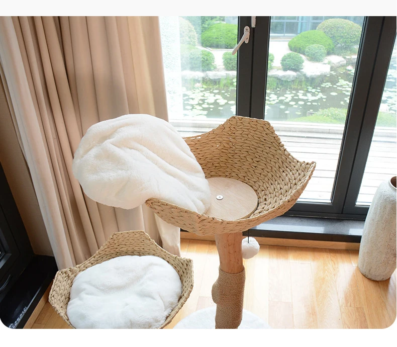 Modern Cat Tree Tower for Indoor Cats Real Branch Wood Kitty Tower Cat Scratching Post Jumping Platforms Natural Wood Pet Tree