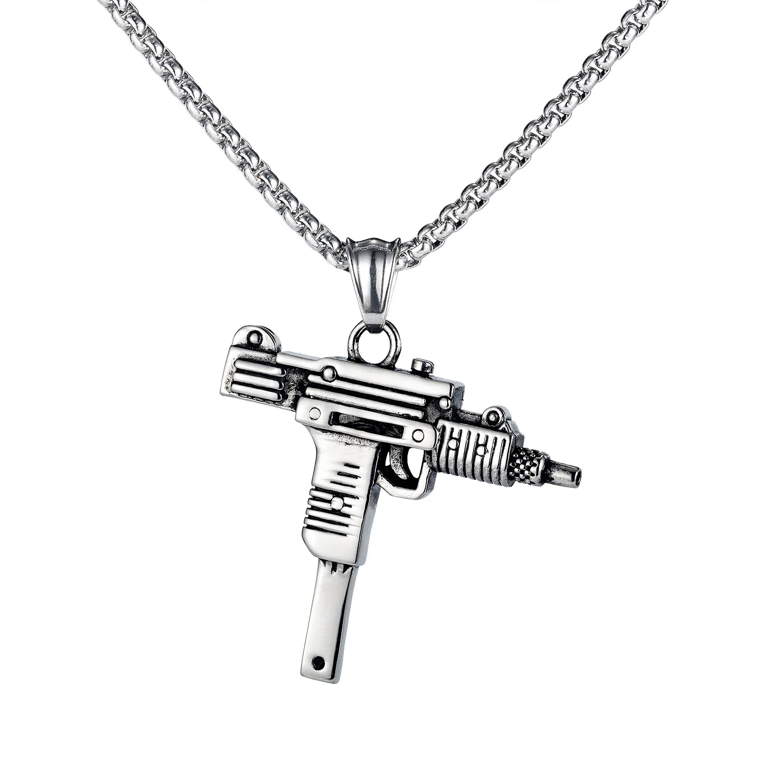Military Style Punk Jewelry 316L Stainless Steel Personalized Uzi Submachine Gun Pendant Necklace for Men