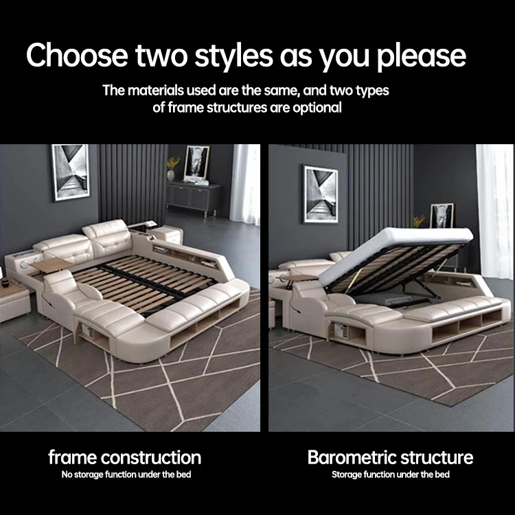 Multi-functional smart leather bed furniture queen bedroom furniture modern with  double  king size bed bedroom Foshan Furniture
