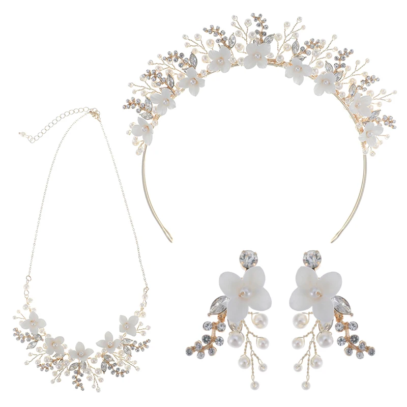 Trendy Women Soft Clay  Tiara&Necklace&Earring Wedding Jewelry Set  Vintage Pearl Jewelry Sets