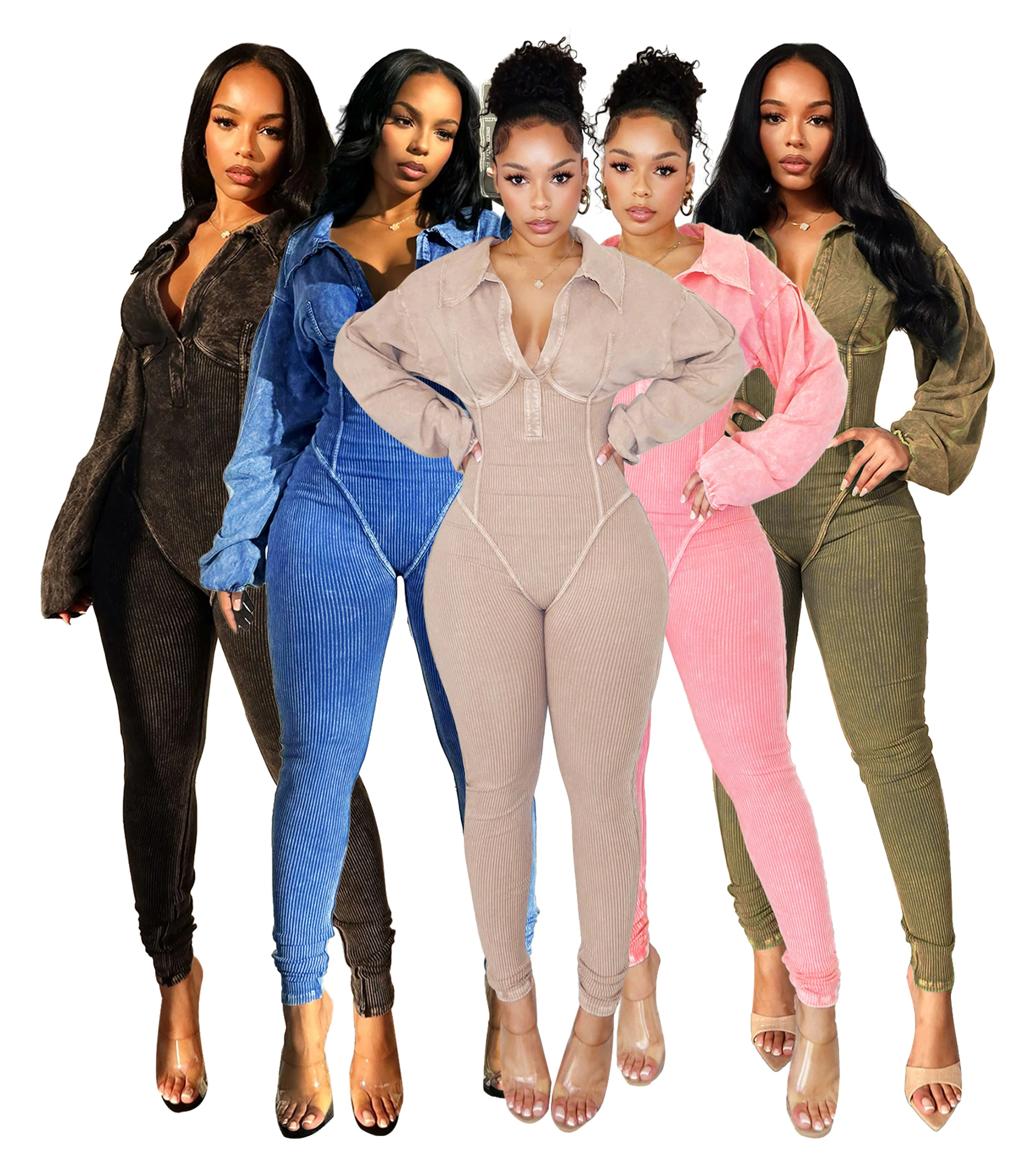 Womens Long Sleeve Jumpsuits One Piece Washed Bodycon Sexy LongJumpsuit Women Clothing 2024 Spring Summer