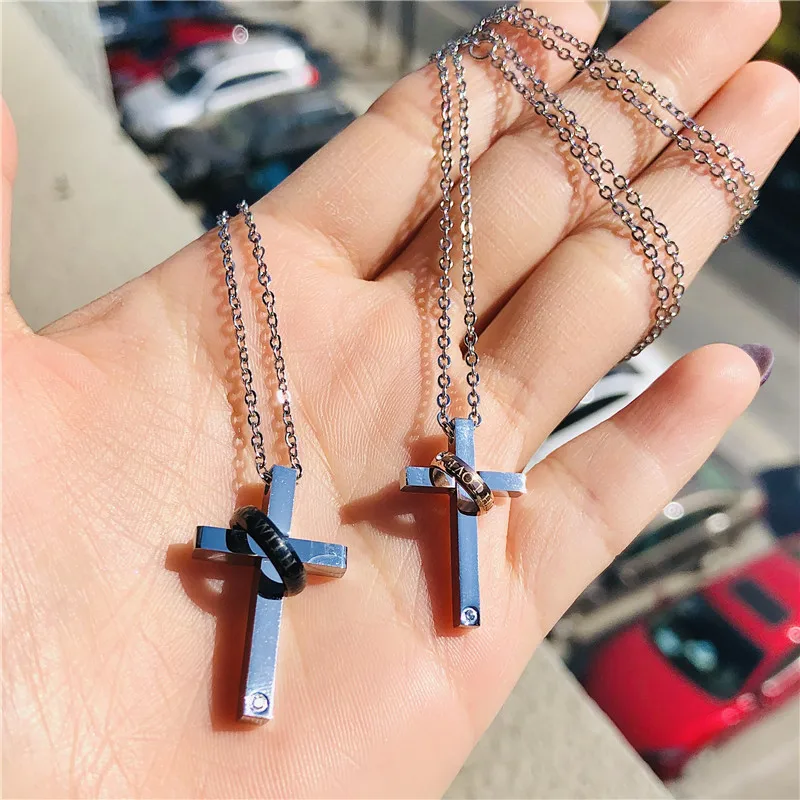 Retro Rose Gold Plated Stainless Steel love Couple Jewelry Fashion Simple Cross Pendant Necklace With Jesus Rings